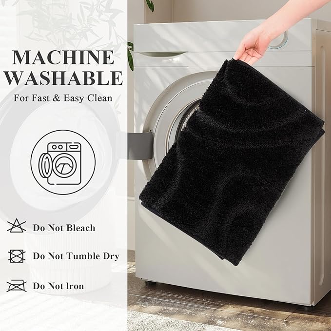 HEBE Bathroom Rugs Sets 5 Piece, Soft Absorbent Microfiber Bath Mat for Bathroom, Non Slip Washable Bath Rug Set with Toilet Cover, Bath Runner and U-Shaped Contour Toilet Rug, Black