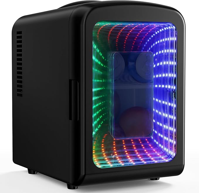 Antarctic Star Mini Compact Refrigerator with Gaming Light, 4L Capacity/6 Cans Portable Mini Fridge, for Bedroom,Car,Office and Dorm, Small Cooler for Cosmetics, Beverage and Food, Black