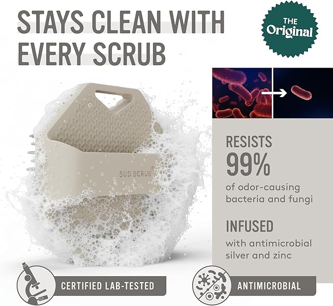 Sud Scrub® Antimicrobial Silicone Body Scrubber, Exfoliating Body Scrubber for Sensitive Skin, Eco Friendly Shower Scrubber for Body, Silicone Body Brush for Showering, Clay