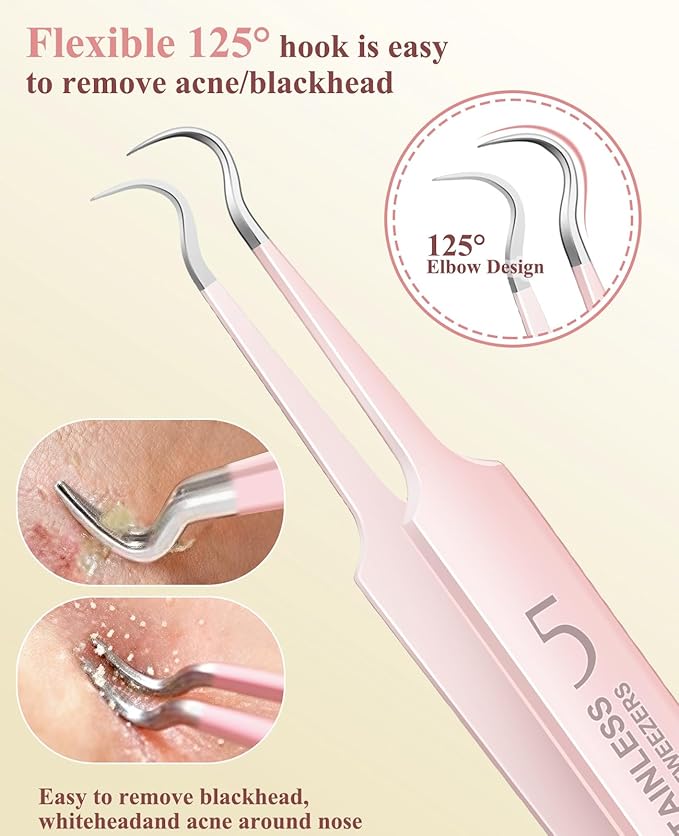 3PCS Pimple Extractor Acne Treatment Tool Professional Stainless Blackhead Comedone Removal Popper Tool for Face Nose Blackhead Extractor Tool (Pink)