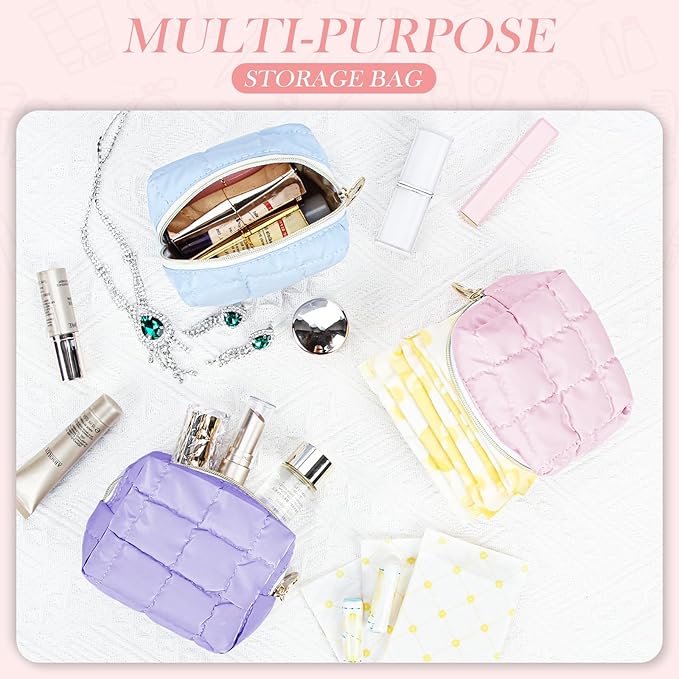 Puffy Mini Makeup Bag, Cute Quilted Small Cosmetic Bag for Purse, Portable Travel Makeup Pouch for Lipsticks, Chapsticks, Earphone, Credit Card, Birthday/Wedding/Christmas Gifts (Black)