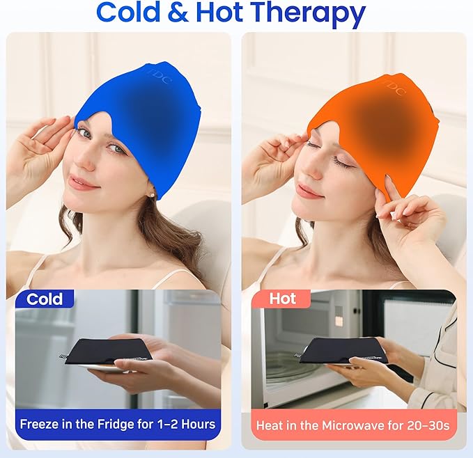 Migraine Relief Cap Gel Ice Head Wrap - Hot & Cold Therapy Soothing Headache Hat Ice Pack Mask, Headache Relief Wrap for Tension, Stress, Hangover &Puffy Eyes (Black)