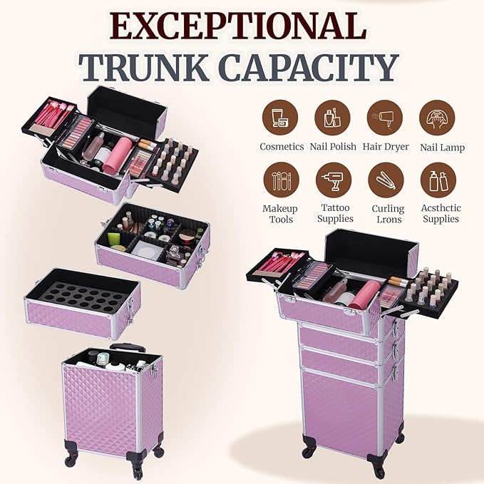 TOPACK Professional 4-In-1 Rolling Makeup Train Case, Large Makeup Travel Case with Key Shoulder Strap/Handle Cushion I Makeup Train Case Organizer I Cosmetology Case on Wheels I Pink