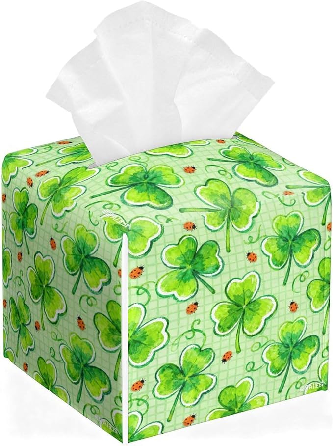 Lucky Clover Tissue Box Cover St. Patrick's Day Leather Tissue Box Holder Square Facial Paper Organizer Dispenser for Bathroom Kitchen Bedroom Vanity Countertop Night Stands