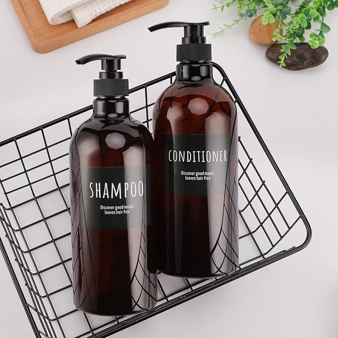 Empty Plastic Bottles with Labels, Segbeauty 33.8oz Large Brown Shampoo Conditioner Reusable Dispenser, 2 Packs of 1000ml Refillable Shower Lotion Pump Press Bottles for Bathroom Hand Soap Body Wash