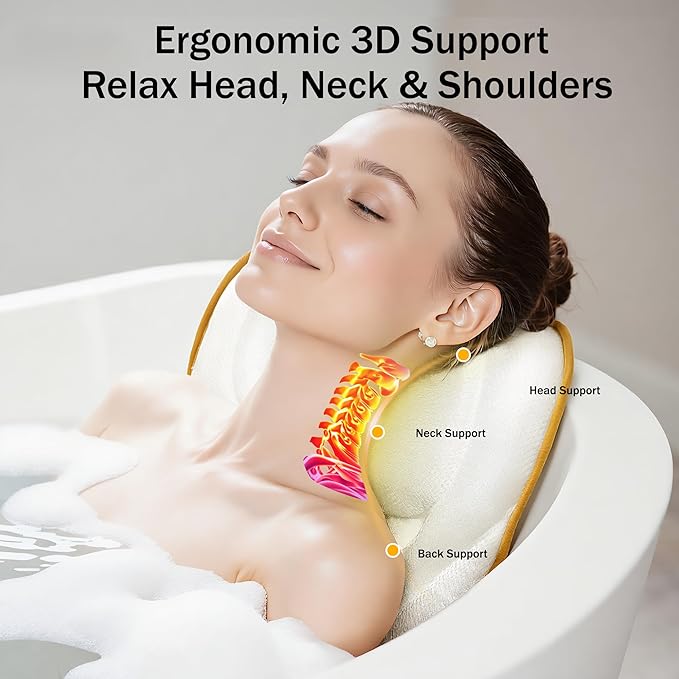 PYRRHIC Bath Pillow, Non-Slip Bathtub Pillow with 72 Strong Suction Cups, Ergonomic Head Neck Back Support, Quick-Dry 5D Mesh for Bathroom Home Spa White