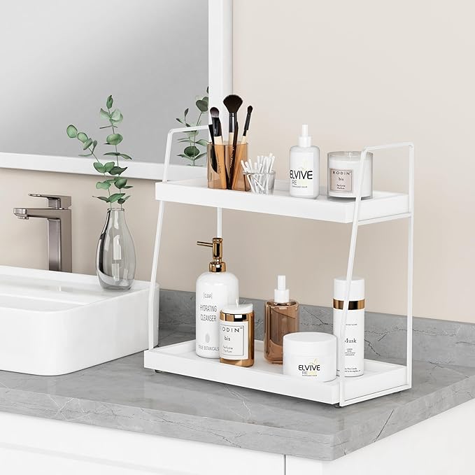 Forbena White 2 Tier Bathroom Organizer Countertop, Small Counter Top Organizer for Bathroom Decor, Modern Kitchen Counter Shelf for Snack, Vanity Makeup Organizers and Storage Tray for Bedroom