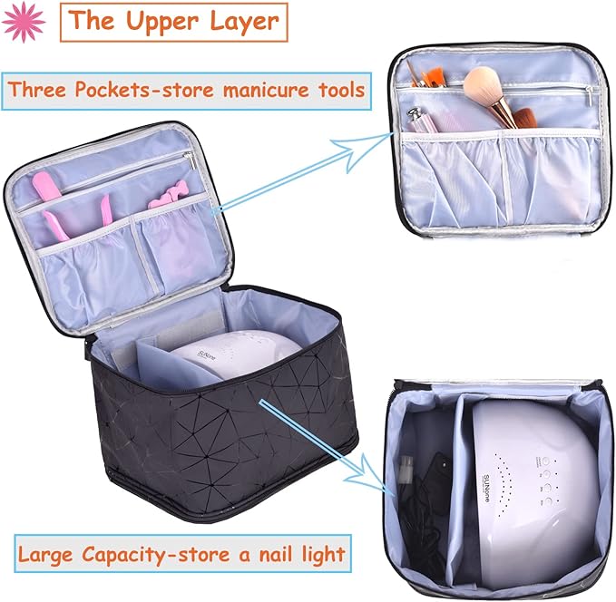 CTWWFS PU Leather Nail Polish Organizer and Nail Lamp Case, Nail Kit Organizer Holds 30+ Bottles (15ml - 0.5 fl.oz) and a Nail Lamp, Nail Polish Carrying Case with Manicure Tools Storage Sections