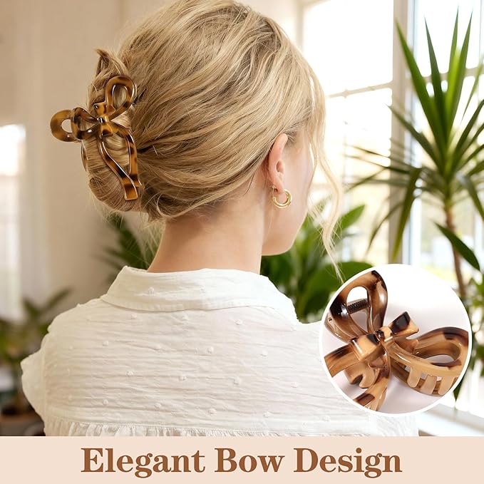 Auseibeely 4 Pcs Bow Claw Clips for Women & Girls, 4.3 Inch Tortoise Shell Cute Bow Hair Clips, Medium Claw Clip for Thick/Thin Hair, Non-Slip Elegant Butterfly Hair Accessories for Gift