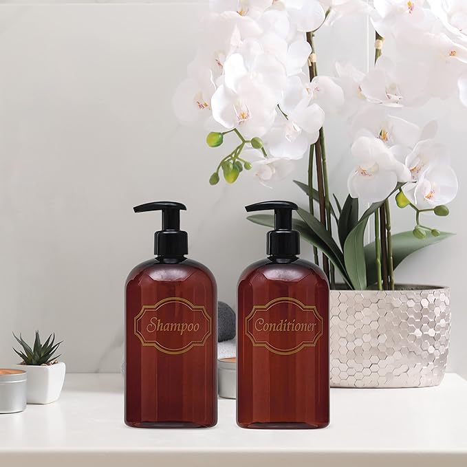 Bottiful Home-16 oz Shampoo and Conditioner Refillable Empty Plastic Pump Bottle Dispenser Set (Amber)