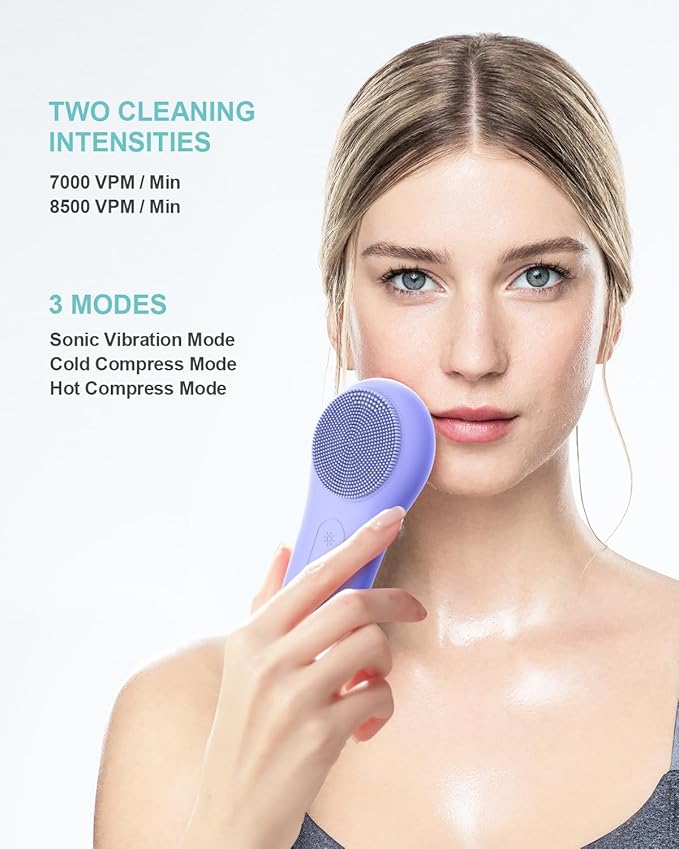 EZBASICS Facial Cleansing Brush face Scrubber Waterproof Face Scrub Brush for Men & Women Rechargeable Face Brushes for Facial Electric Silicone Face Scrubber Cleanser Brush 1 Pack+3 Modes Violet