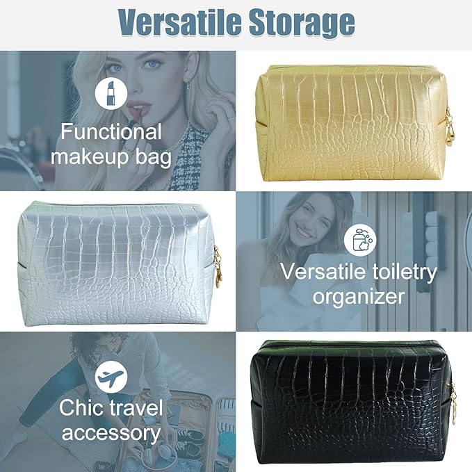 Makeup Bag for Purse, Compact Toiletry Pouch, Crocodile-Embossed Cosmetic Travel Bag, Small Makeup Pouch, Unisex Toiletry Travel Bag