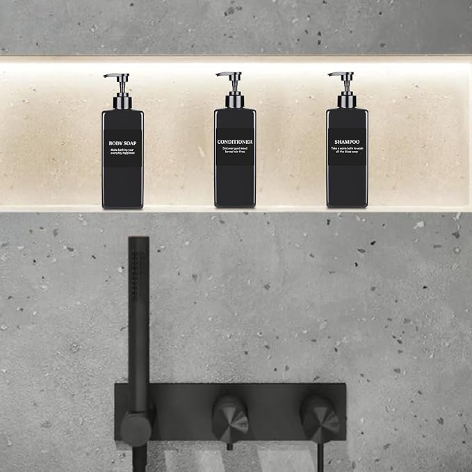 Refillable Shampoo and Conditioner Dispenser Plastic Shampoo Pump Bottles Set for Bathroom with Waterproof Labels
