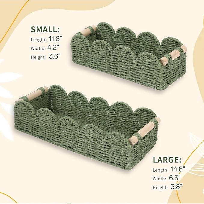 Paper Rope Storage Basket Set of 2 with Wooden Handles - Scalloped Toilet Paper Organizer, Cute & Functional Home Decor for Bathroom or Living Room (Green)