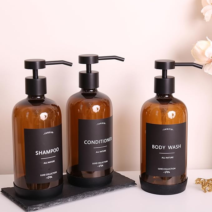 Shampoo and Conditioner Dispenser Set of 3,Refillable 21oz Shampoo Bottles with Non-Slip Protective Silicone Pad,Shower Soap Dispenser with Waterproof Labels for Bathroom (Amber)