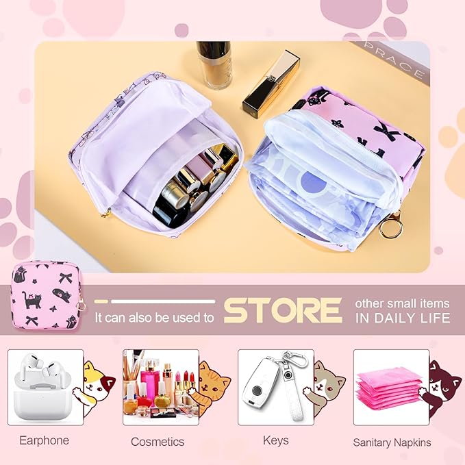 Tampon Holder for Purse, Canvas Period Bag Sanitary Napkin Storage Bag for Girls Womens, Portable Feminine Emergency Pad Period Pouch(Bow-Tie Wink Cat)