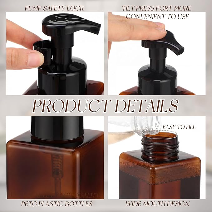 Domensi 12 Pcs Foam Pump Bottle Foaming Soap Dispenser Empty Travel Foaming Dispenser 8.5 oz Refillable Hand Soap Plastic Pump Bottle Travel Clear Container for Bathroom Vanities (Brown)