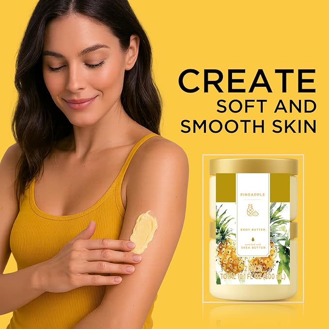 Princess Belle Pineapple Body Butter, Body Moisturizer for Dry Skin, Body Butter for Women Smell Good, Pineapple Gifts for Women-2 Pack (3.4floz + 6.8 floz)