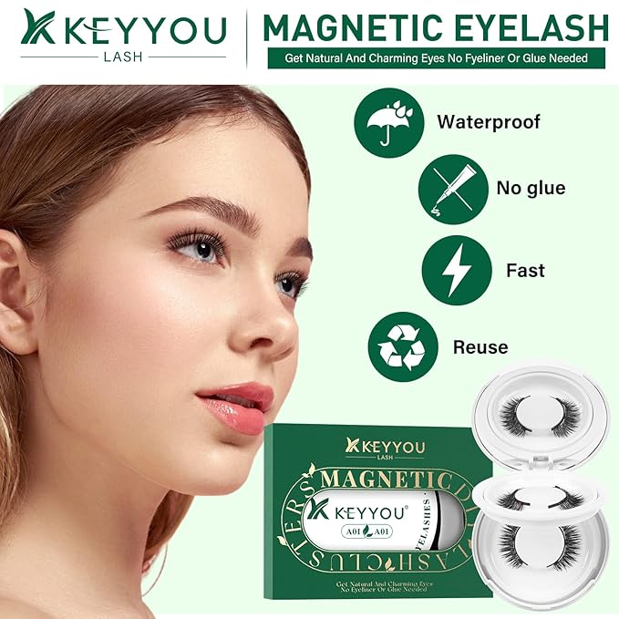 KEYYOU Daily Wear Reusable Magnetic Eyelashes 2 Pair with Applicator No Glue Needed 3D Natural Magnetic Lashes, Easy to Apply & Long Lasting for Daily Use & Events(A01+A01)