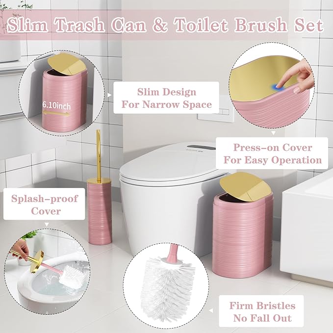 Bathroom Set, 10PC Bathroom Accessory Set, Pink Bathroom Accessories, Pink and Gold Bathroom Set with Trash Can, Soap Dispensers
