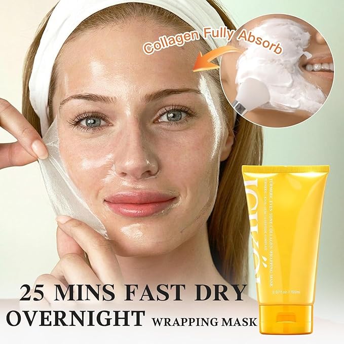 Turmeric Collagen Night Wrapping Mask, Kojic Acid Overnight Peel Off Face Masks with Vitamin C for Refresh Dullness Looking Skin, Hydrating Facial Masks Radiant Women Skin, 5.07 oz Large Size