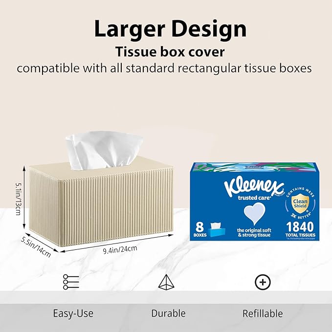 Fanousy Large Tissue Box Cover Rectangular with Bottom Belt, Fits 230-Count Kleenex, Modern PU Leather Facial Tissue Dispenser Holder for Bathroom Vanity, Nightstand, Bedroom, Office, Home Decor
