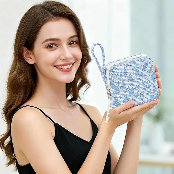 Small Makeup Bag | Discreet Period Bag Pad Pouch for Purse| Sanitary Napkin Storage & Tampon Holder for Travel (Flower blue)