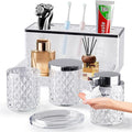Glass Bathroom Accessories Set 5Pcs Crystal - Foaming Soap Dispenser, Soap Dish, Cup, Acrylic Toothbrush Holder with Tray Organizer, Qtip Jar, Bathroom Counter Set Sink Decor (Clear)