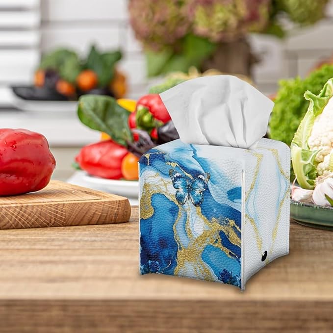 Blue Marble Butterfly Modern Tissue Box Holder, Waterproof Square PU Leather Napkin Case with Metal Button Closure, Decorative Tissue Cover Organizer for Vanity, Desk, Car, and Living Room