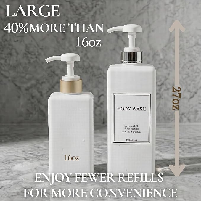 Shampoo and Conditioner Dispenser - Modern Design Large 27oz Shower Soap Dispenser Set of 3, Refillable Empty Plastic Pump Bottles for Bathroom, 6 Waterproof Labels Included, White & Silver