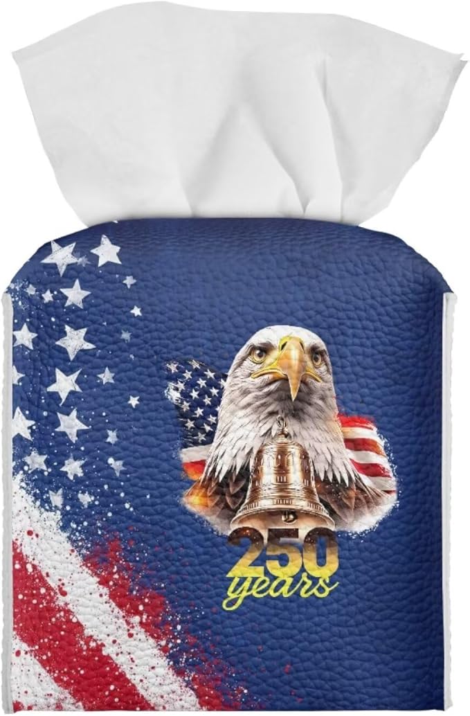 American 250 Years Tissue Box Holder Waterproof PU Leather Square Tissue Box Cover Holder with Metal Button Paper Dispensor Case for Home Office Car Automotive Decor