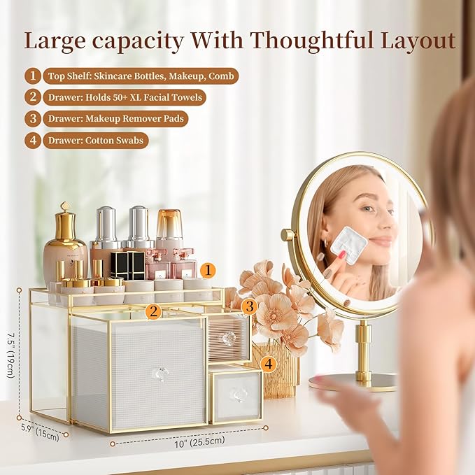 Tempered Glass Face Towel Holder with 3 Drawers, Bathroom Vanity Organizer for Disposable Face Towels, Cotton Pads, Swabs and Skincare Tools