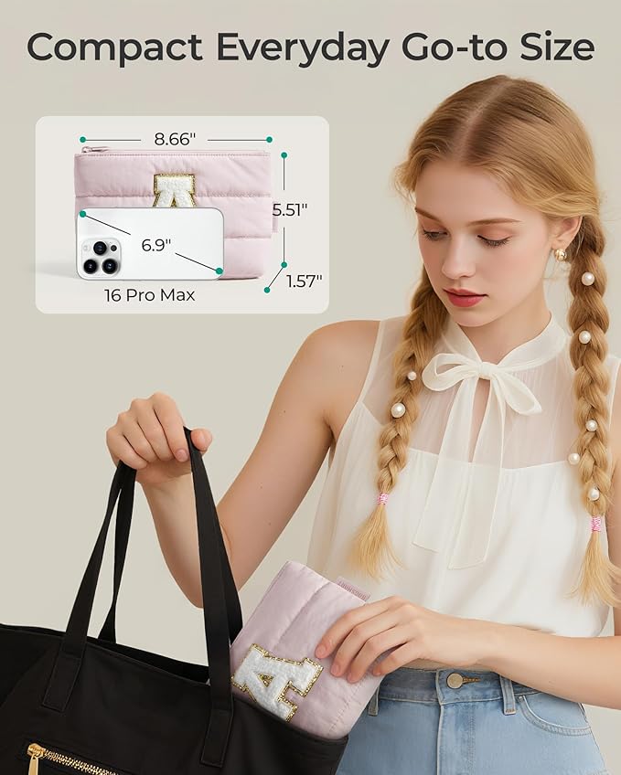 BAGSMART Personalized Makeup Bag with Initial, Pink Small Cosmetic Travel Organizer, Water-Resistant Pouch for Women & Teens for Bridesmaid Graduation (Initial-C, Small)