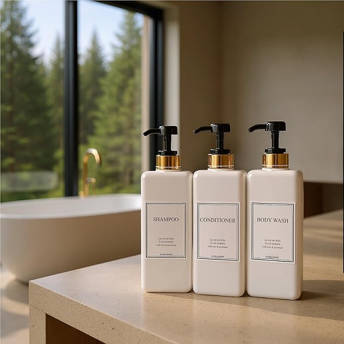 Shampoo and Conditioner Dispenser - Modern Gold Design Large 27oz Shower Soap Dispenser Set of 3, Refillable Empty Plastic Pump Bottles for Bathroom, 6 Waterproof Labels Included, Black