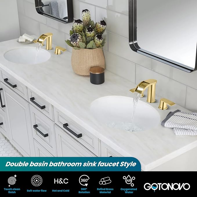 gotonovo Waterfall 8 inch Widespread Bathroom Faucet Set Bathroom Sink Faucet 3 Hole 2 Handle Vanity Lavatory Deck Mount with Pop Up Drain and Water Supply Lines Round Body Brushed Gold