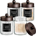 SheeChung Qtip Dispenser Holder 4pcs, Glass Apothecary Jars with Bronze Stainless Steel Lids &Stickers, Countertop Canister Guest Bathroom Storage Organizer Set for Cotton Swabs/Balls, Floss Picks