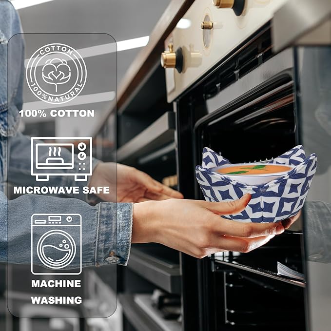 Cotton Microwavable Bowl Cozy, Microwave-Safe Hot Bowl Holders, Soup bowl Cozy Hot Pads (Blue Series)