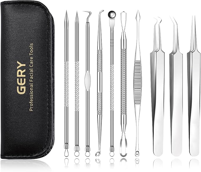 Blackhead Remover Tools,Upgrade 10 PCS Acne Needles,GERY Whitehead Removal Extractor Tools,Pimple Popper Tool Kit, Professional Stainless Pimple Acne Blemish Removal Tools Set with Leather Package