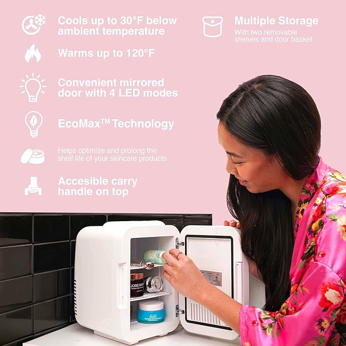 Cooluli Glow 4L Mini Skincare Fridge with Mirror & LED Light - Small Refrigerator for Skin Care, Makeup, Food & Drinks - Portable Mini Fridge for Bedroom & Office, 100-240V, White Mirror LED