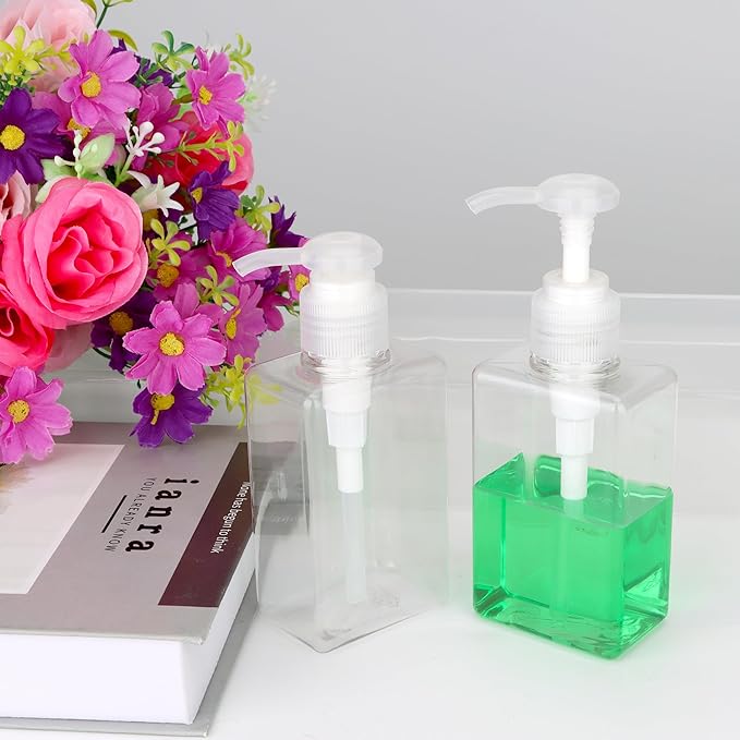 150ml (5.1oz) Pump Bottle Dispenser Jansburg 2 Pack Refillable Flat Square Plastic Lotion Dispenser Leakproof Empty Lotion Pump Bottle for Essential Oil Soap Lotion Shampoo Clear