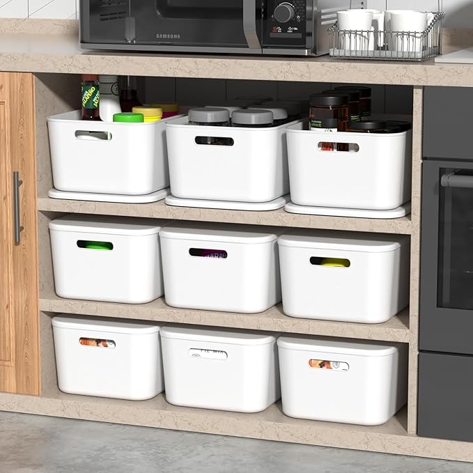 Ytteve White 2-Pack Large Plastic Storage Bins with Handles, 14.2" x 10" x 6.3" Stackable Organizer Containers for Closet, Shelves, Drawers, Office & Classroom