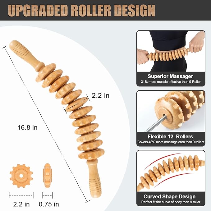 Wood Therapy Massage Tools 12 Roller, Wooden Massager Stick 16.8 Inch,Lymphatic Drainage Tool Cellulite Massager for Cellulite Reduction,Muscle Tension and Body Shaping,Contouring