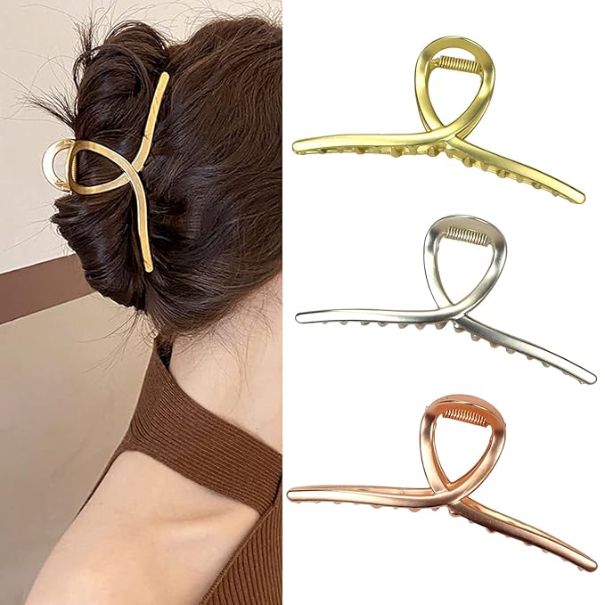 Hair Claw Big Shark Hair Barrette Clamps - Strong Hold Metal Barrettes for Women and Girls, Large Hair Accessories 3 Pcs (Matte Silver, Gold, Rose Gold)