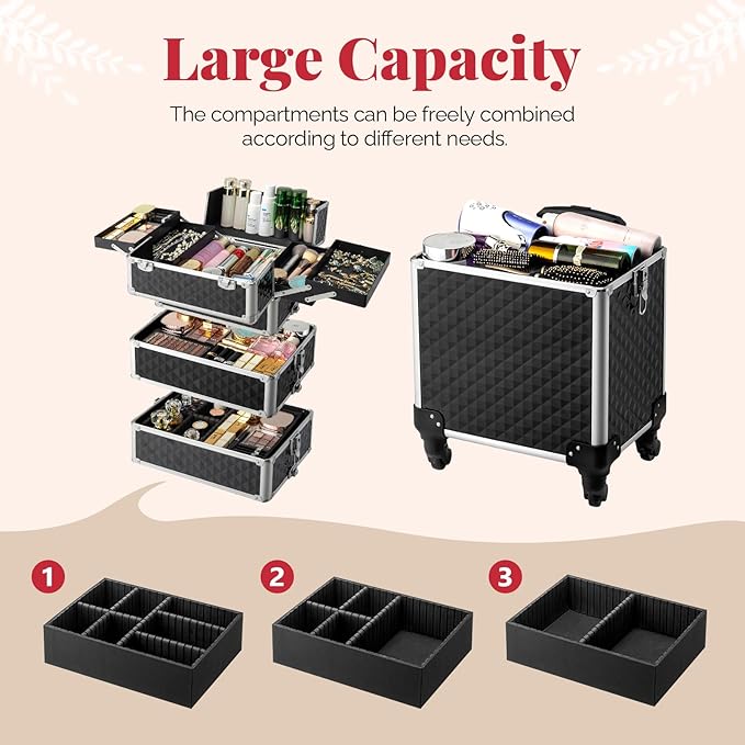 mefeir 4-in-1 Rolling Makeup Train Case Lift Handle,4 Removable Wheels Lockable Keys,Aluminum Cosmetic Trolley Beauty Stylist Artist Organizer Box,Ideal Xmas New Year Gift (Diamond Black)