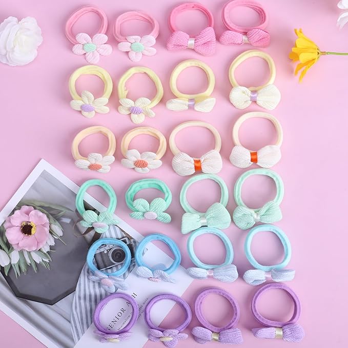 24 Pcs Toddler Hair Ties for Girls, Baby Hair Tie Cute Flower Elastic Scrunchies, Seamless Ponytail Holders, Little Girls Hair Accessories for Thick Hair, Pink, Purple, Blue