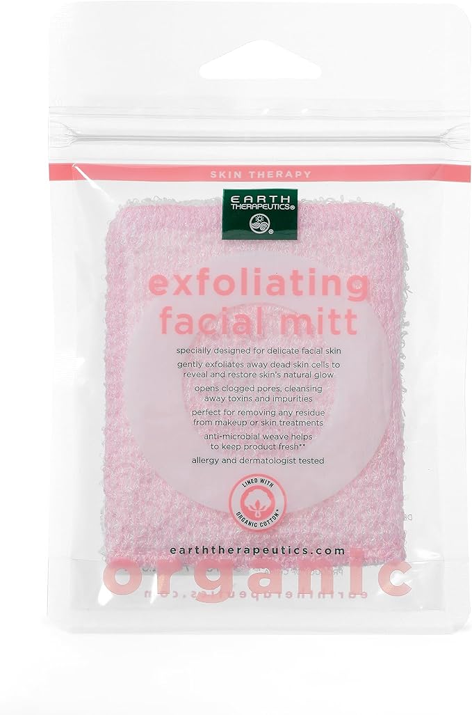 Earth Therapeutics Organic Cotton Exfoliating Facial Mitt- Pink