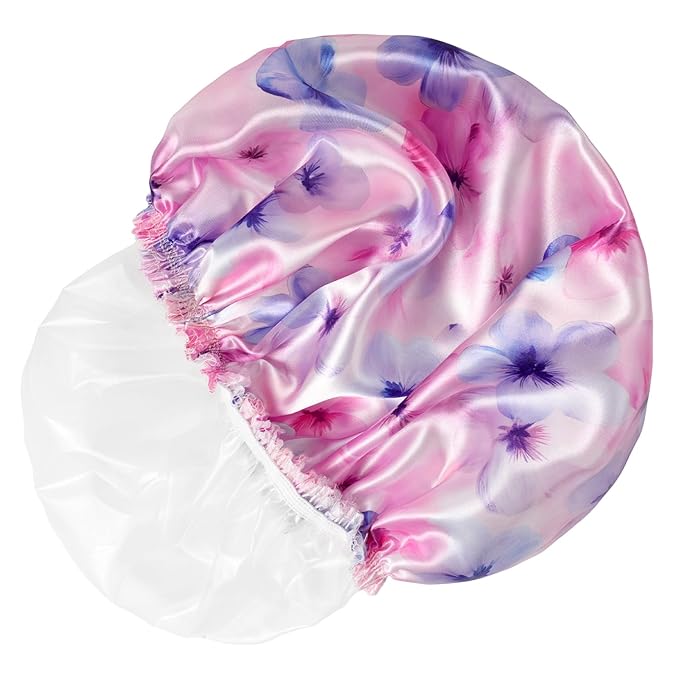 4 PCS Shower Caps for Women, Printing Bath Caps, Double Layers Shower Cap Reusable Waterproof, Bathing Shower Caps, Environmental Protection Hair Bath Hat - Flower C