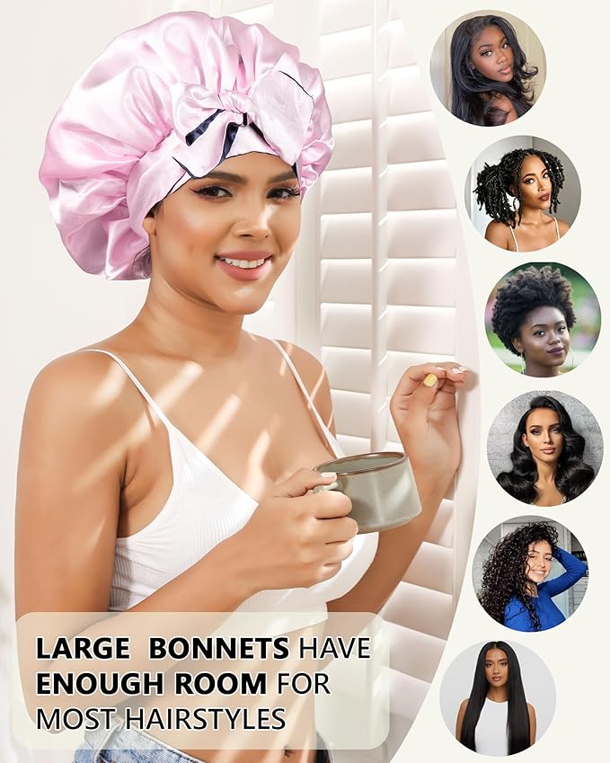 Satin Bonnet Silk Hair Wrap for Sleeping - Reversible Cap with Tie Band - Night Cap Double Layer for Curly Hair (Navy Blue + Pink)