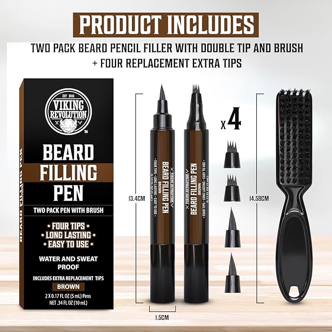 Viking Revolution Beard Pen (2 Pack) - Brown Beard Pencil Filler for Men Lapiz para Barba de Hombre - Beard Filler for Men Waterproof Beard Filling Pen Kit - Long Lasting Beard Filler Pen with Brush
