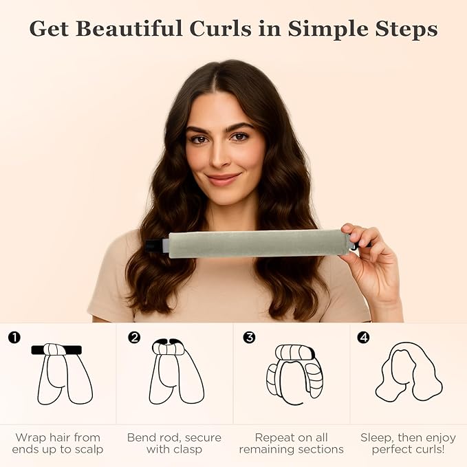 Heatless Hair Curler Set – 4PCS Velvet Overnight Blowout Rods for Heatless Curls, Jumbo Flexible Curling Rods to Sleep In, No Heat Curling Tools for Natural Waves and Curls Kahki